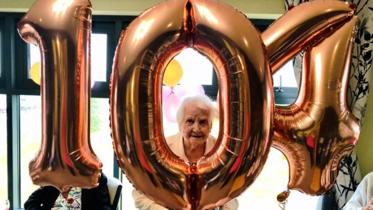 Barbara at Ebor Court with her birthday balloons
